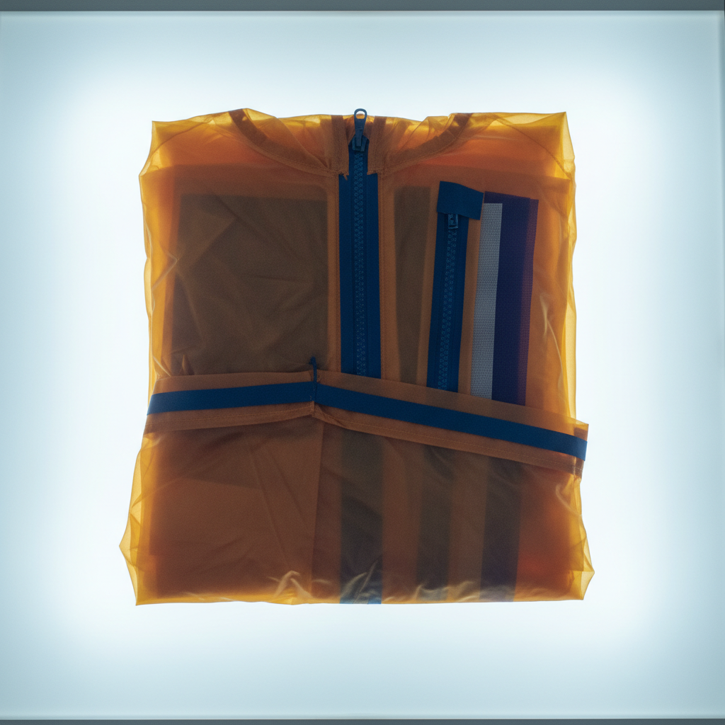 X-ray lightbox image of a packable jacket sleeve showing seam tape and waterproof membrane construction in amber-orange and cobalt blue