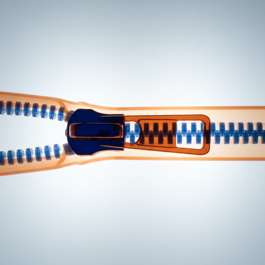 Close-up x-ray of a luxury metal zipper slider on illuminated lightbox, amber-orange outer form with cobalt blue internal mechanism visible