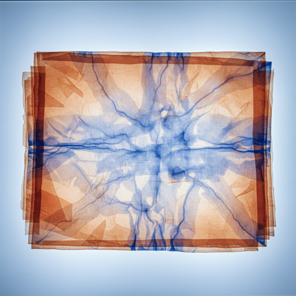 X-ray lightbox image of waxed canvas fabric swatch showing crease patina and internal thread structure