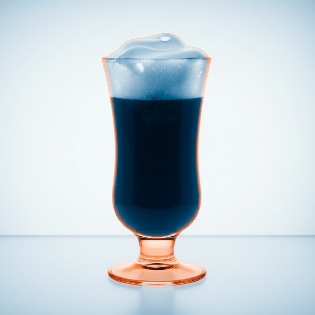 Traditional Viennese Einspanner coffee in a tall glass with whipped cream, x-ray view showing amber-orange glass exterior and cobalt blue internal coffee structure on an illuminated lightbox