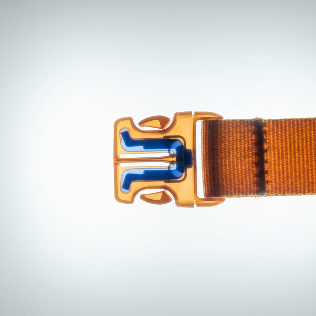 Side-release buckle hardware mechanism x-ray on illuminated lightbox, amber-orange outer form with cobalt blue internal spring mechanism