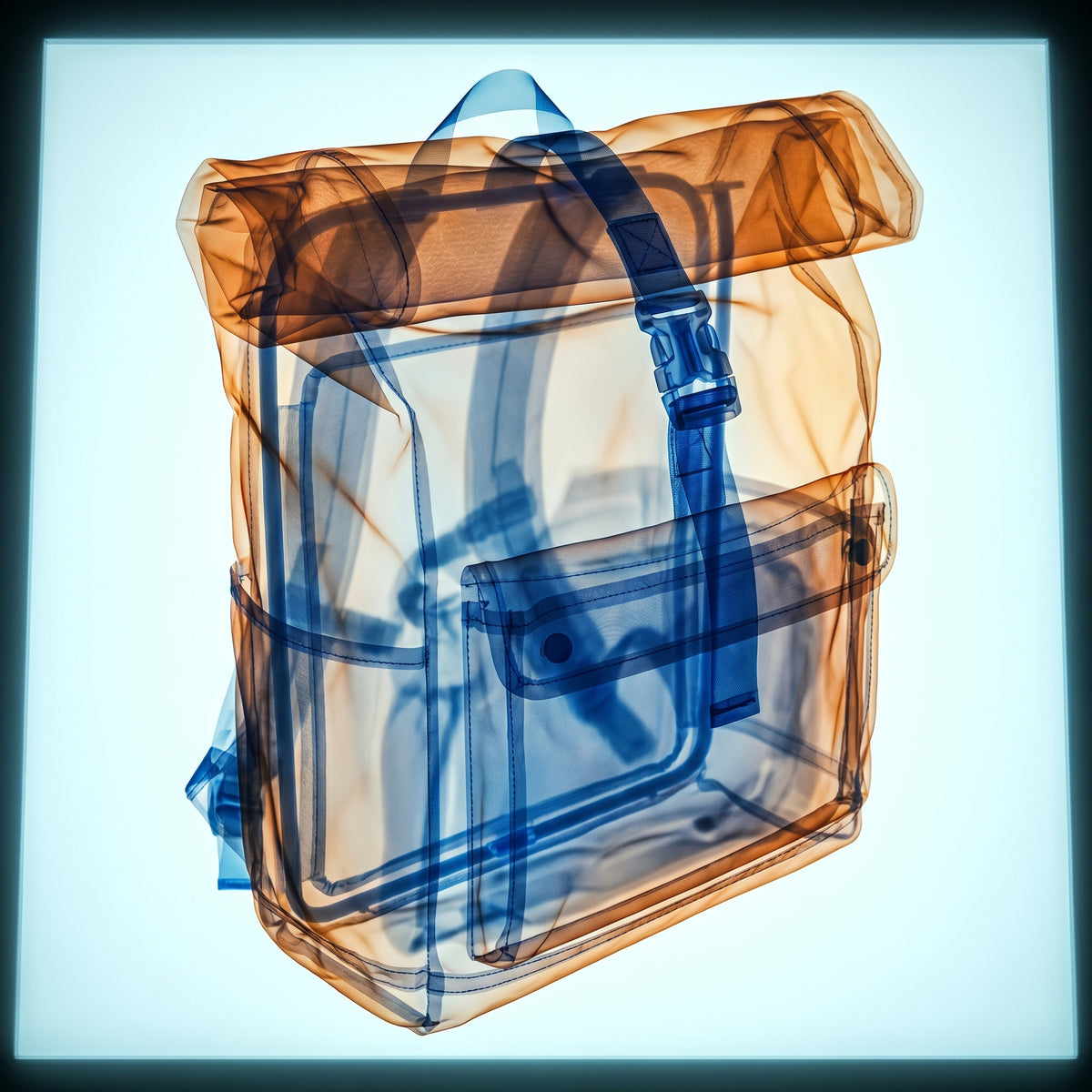 X-ray lightbox image of a roll-top backpack collar buckled closed, showing amber-orange outer shell and cobalt blue internal structure