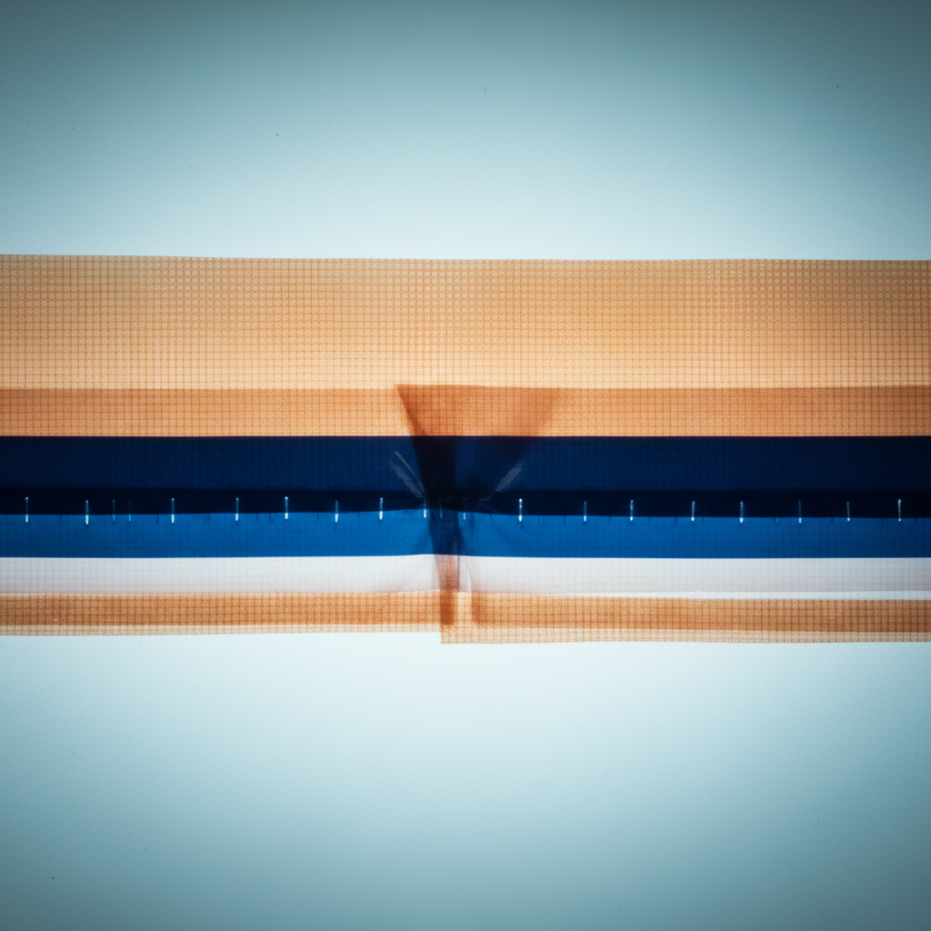 Cross-section of waterproof fabric showing seam tape bonded to inside surface, x-ray view with amber-orange outer nylon and cobalt blue internal tape and membrane layers on an illuminated lightbox