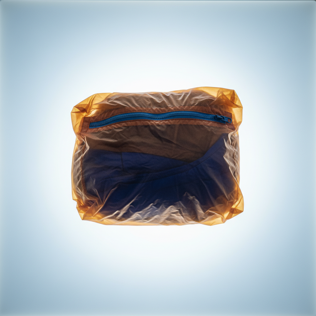 Packable travel jacket compressed into its own pocket, x-ray view showing amber-orange nylon shell and cobalt blue internal structure, on illuminated lightbox