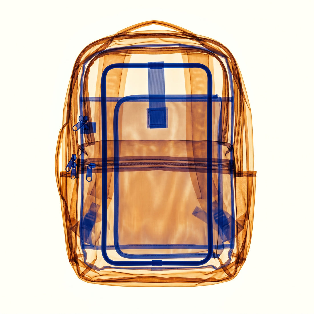 X-ray overhead view of a structured travel backpack showing internal frame, compartments and back panel in amber-orange and cobalt blue