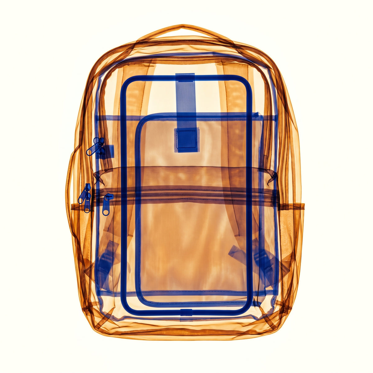 X-ray overhead view of a structured travel backpack showing internal frame, compartments and back panel in amber-orange and cobalt blue