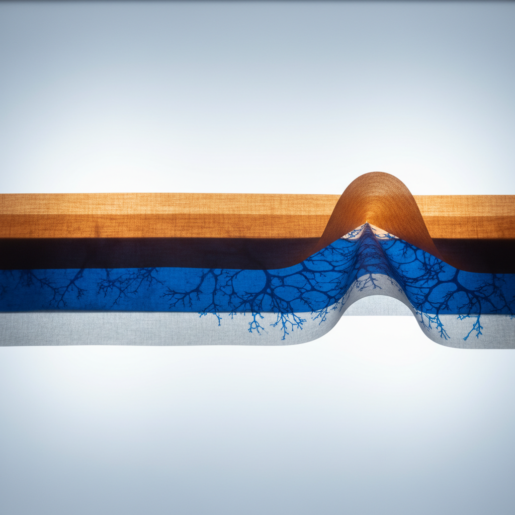 Waterproof breathable membrane fabric cross-section showing layered construction and open-pore structure, x-ray view on illuminated lightbox