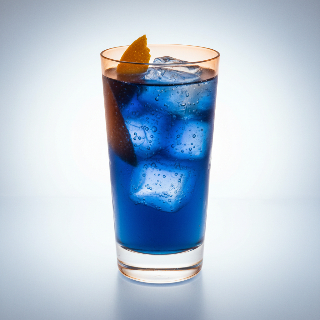 X-ray of a tall Negroni Sbagliato cocktail glass on illuminated lightbox, amber-orange glass exterior with cobalt blue liquid and ice visible inside