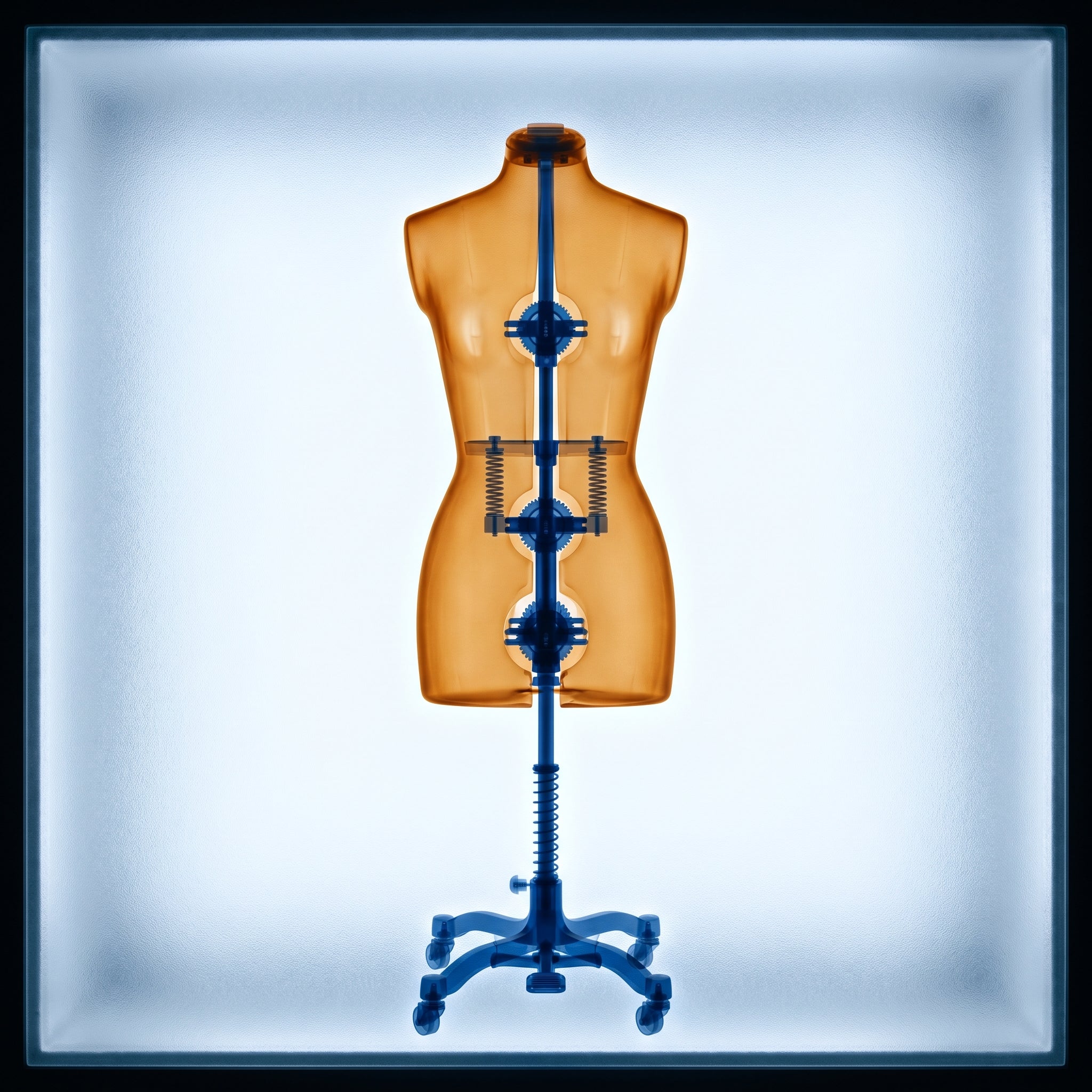 Dressmaker's dummy in x-ray style on illuminated lightbox, amber-orange outer form with cobalt blue internal armature visible