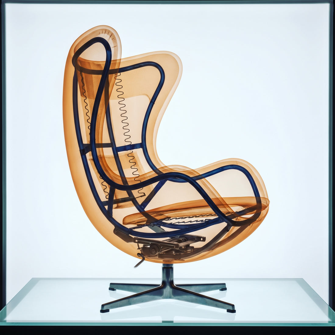 Arne Jacobsen Egg Chair in x-ray style on illuminated lightbox, amber-orange translucent outer shell with cobalt blue internal armature and base mechanism visible