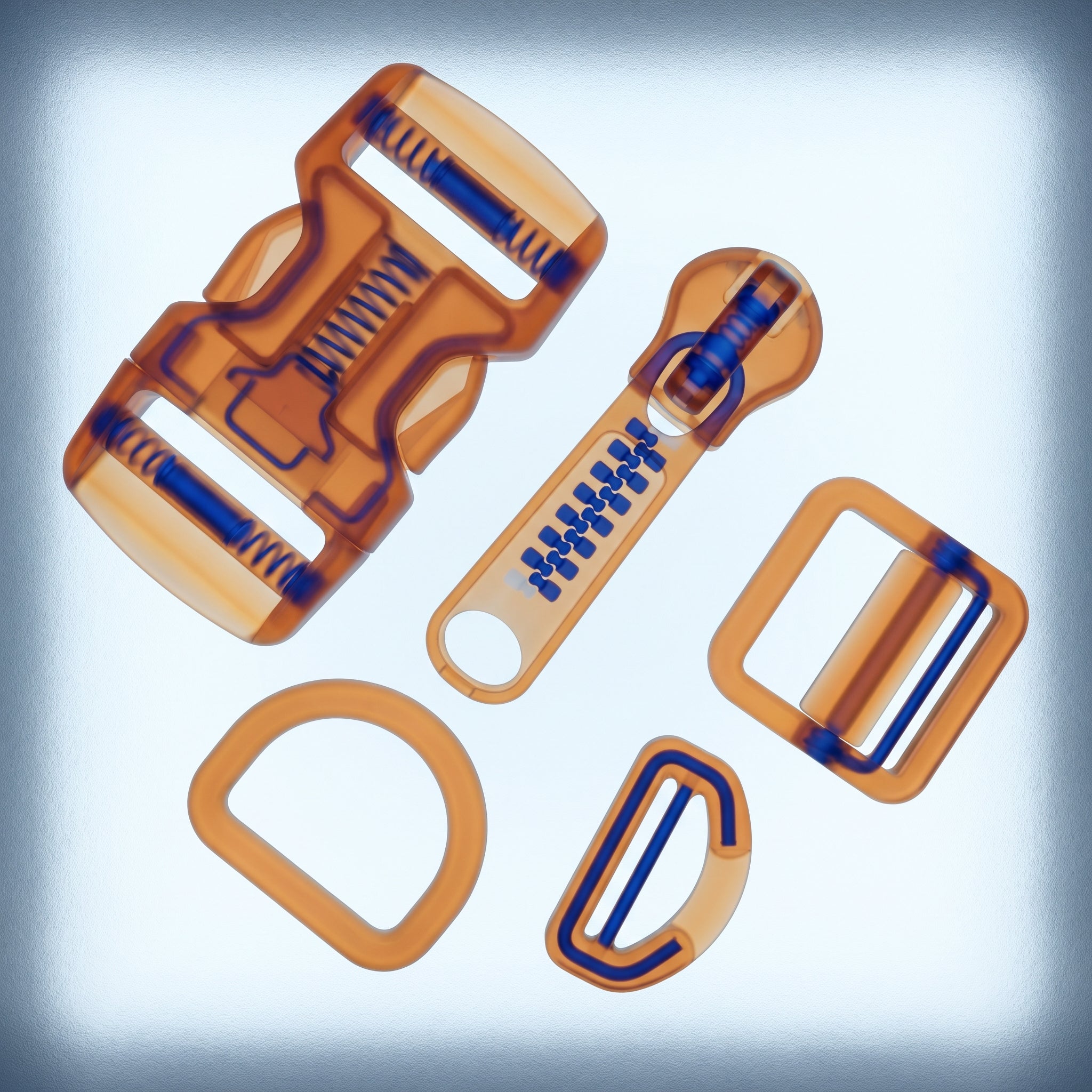 Carry hardware components — buckle, zip pull, and D-ring — in x-ray style on an illuminated lightbox, amber-orange forms with cobalt blue internal mechanisms