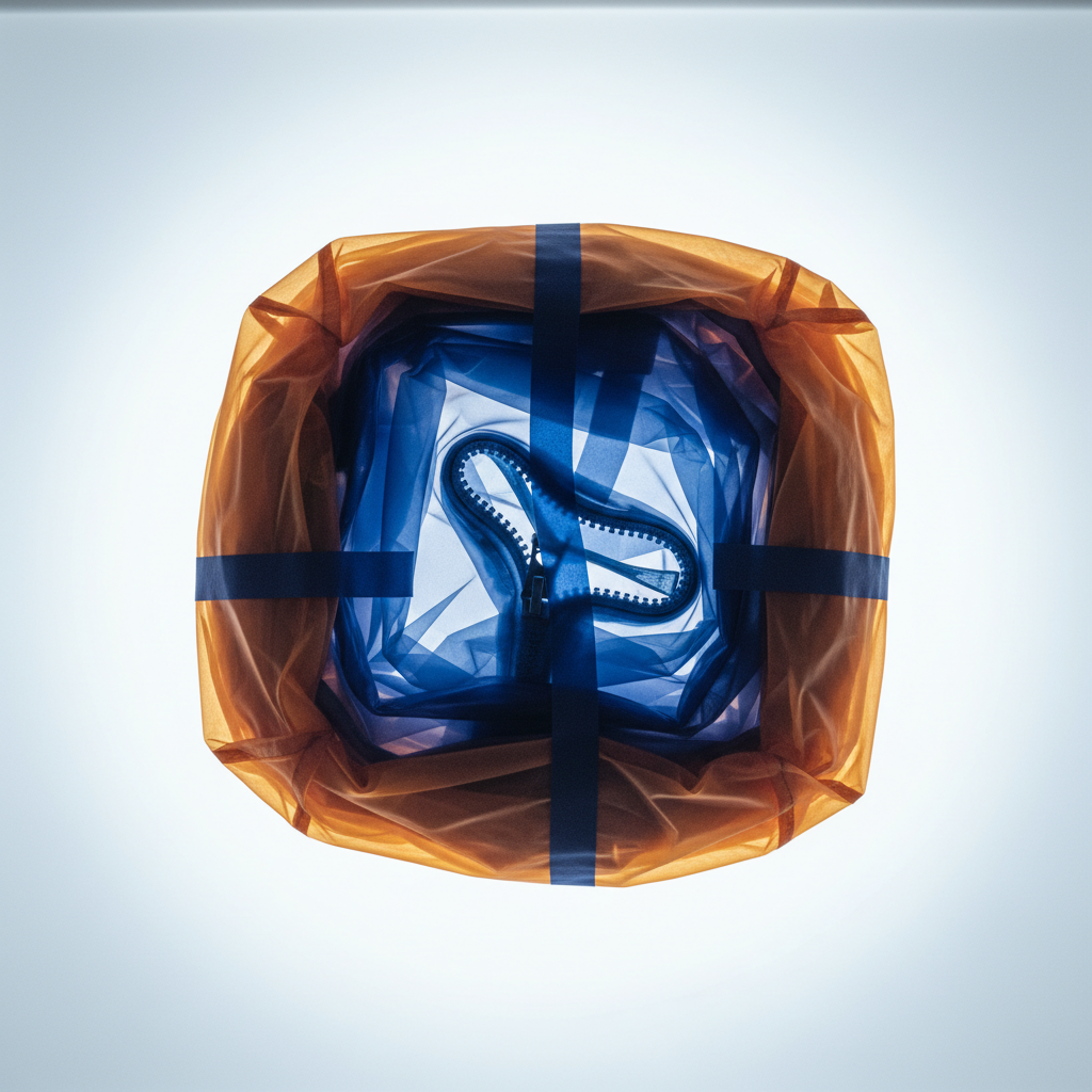 Packable travel jacket compressed into a tight bundle, x-ray view showing amber-orange outer shell and cobalt blue internal membrane layers on an illuminated lightbox