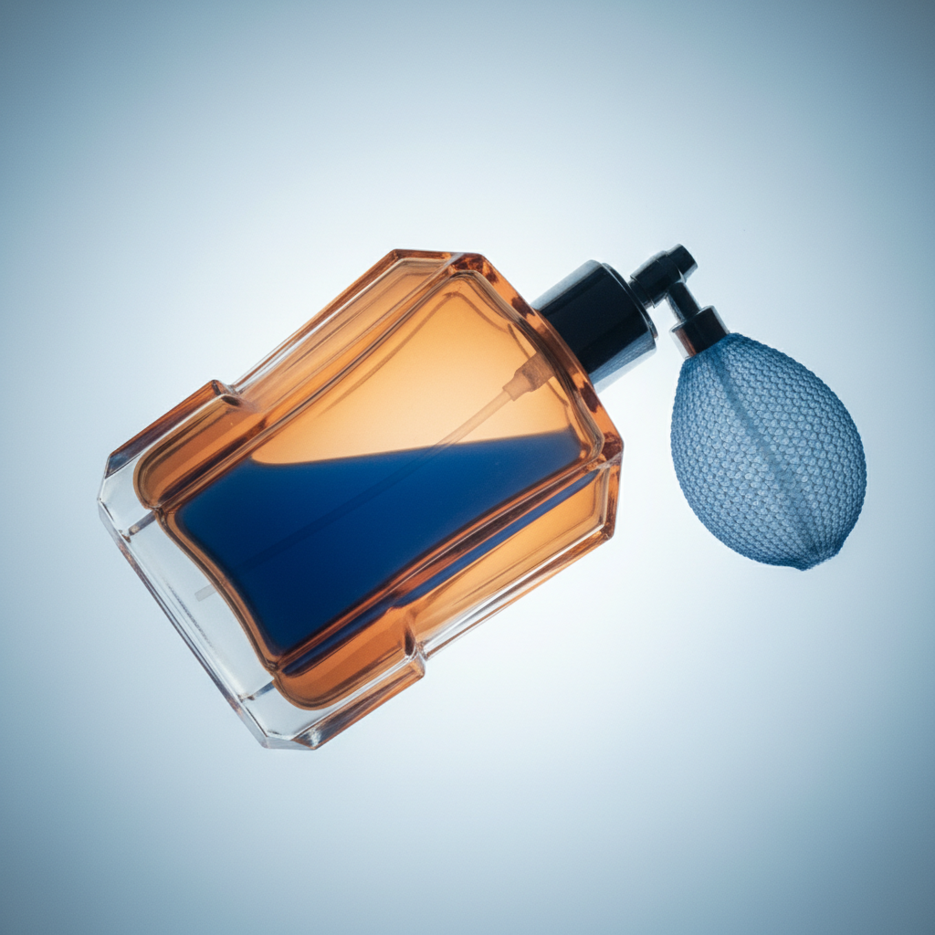 X-ray lightbox image of a French Art Deco perfume atomizer bottle in amber-orange and cobalt blue on illuminated lightbox