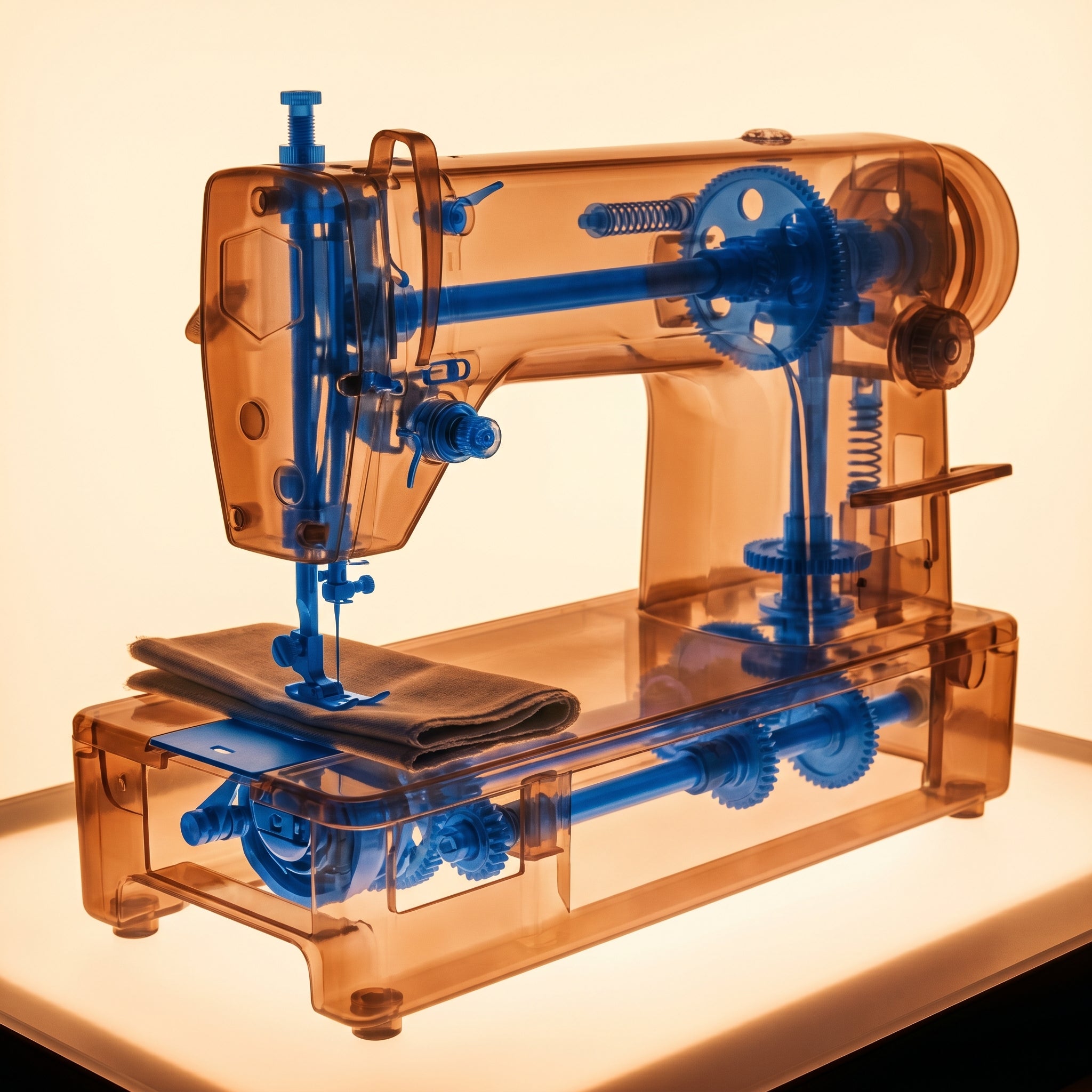 X-ray of an industrial sewing machine on an illuminated lightbox showing amber-orange body and cobalt blue internal mechanical components
