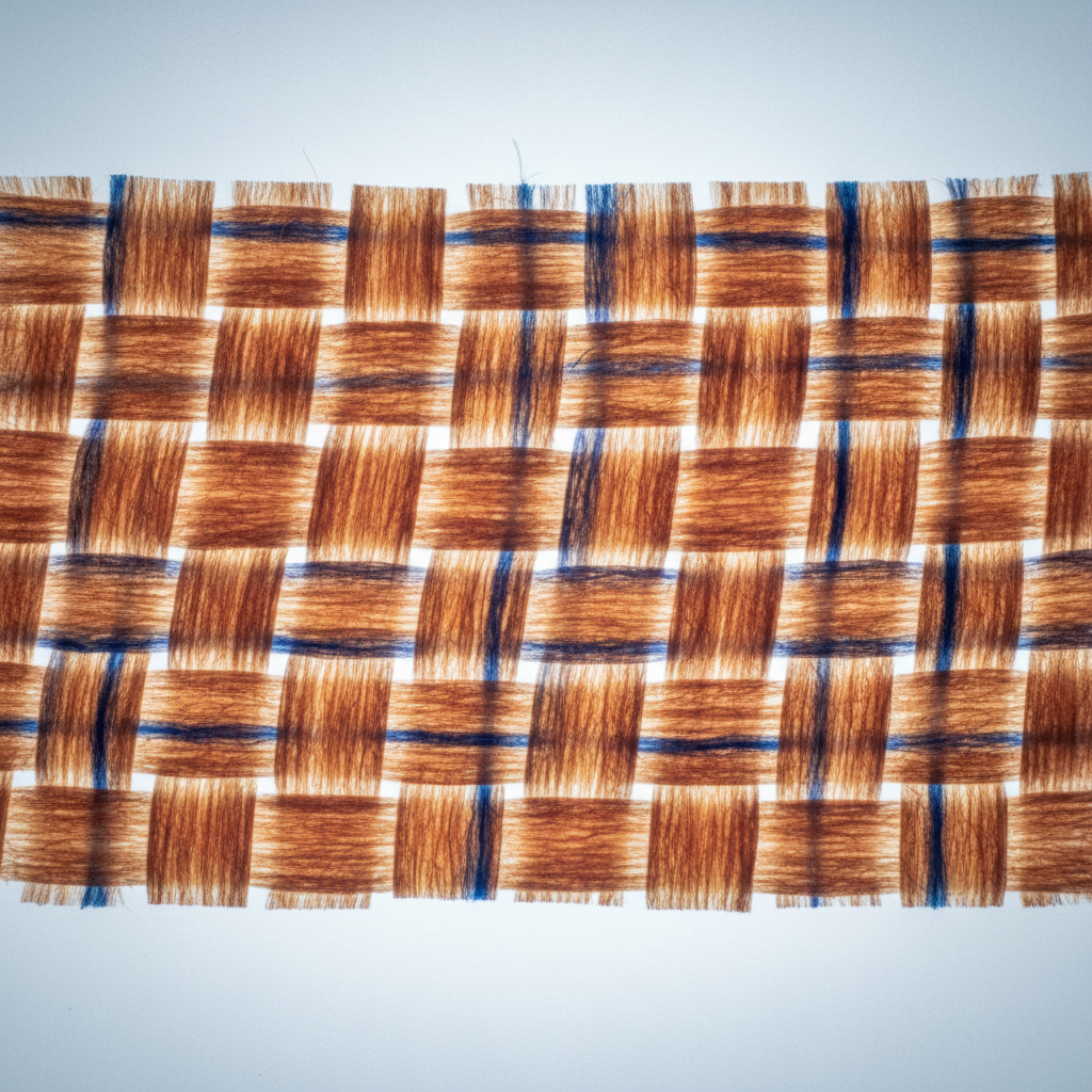 X-ray of a tightly woven cotton fabric swatch on illuminated lightbox, amber-orange fiber weave with cobalt blue internal thread structure visible
