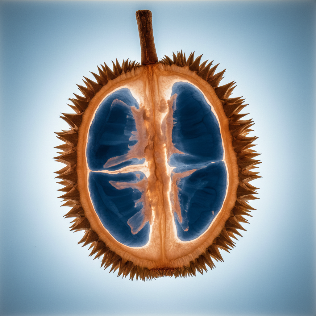 X-ray lightbox image of a Singapore durian fruit showing spiky outer shell and internal fruit segment structure