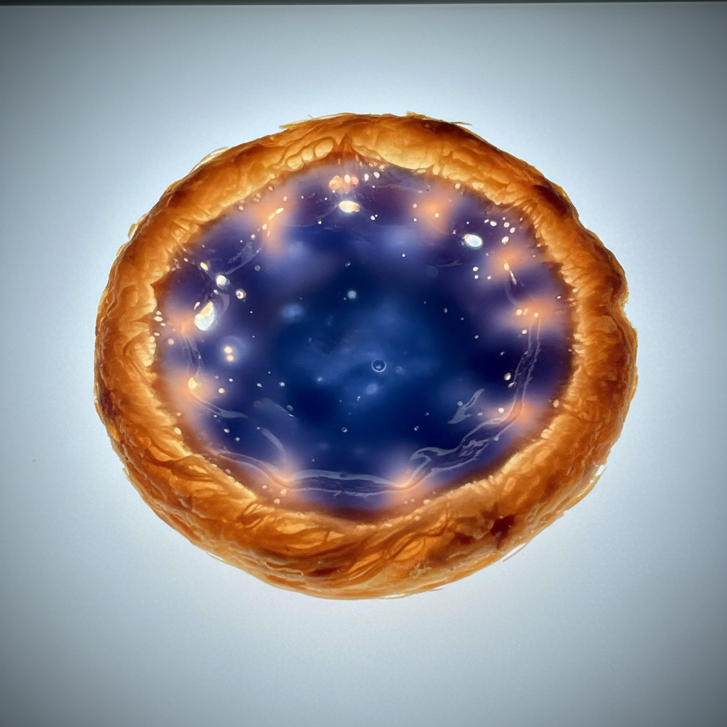Portuguese pastel de nata egg custard tart, x-ray view showing amber-orange caramelised pastry shell and cobalt blue custard layers, on illuminated lightbox