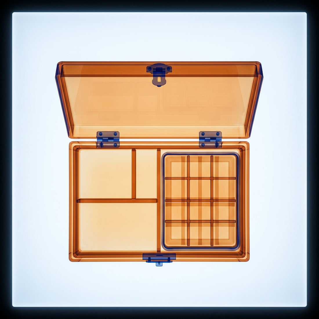 X-ray of a Japanese lacquered bento box on an illuminated lightbox, amber-orange outer body with cobalt blue internal compartment structure