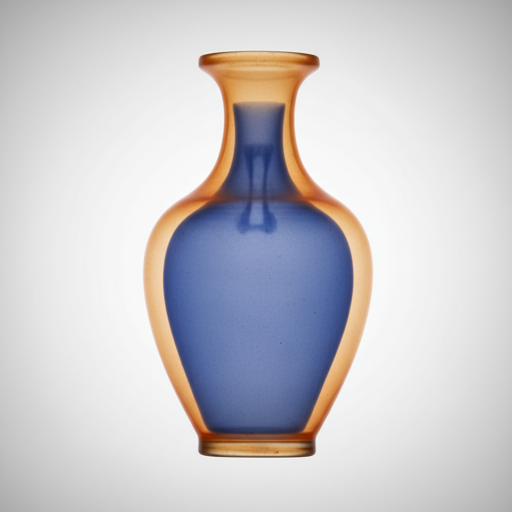 Korean celadon porcelain vase x-ray on illuminated lightbox, amber-orange outer form with cobalt blue interior clay structure