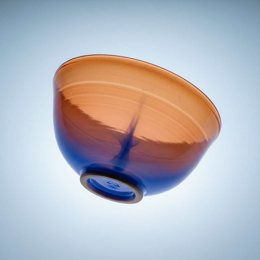 Japanese matcha tea bowl (chawan) in x-ray style on an illuminated lightbox, amber-orange ceramic form with cobalt blue internal clay structure and foot ring visible